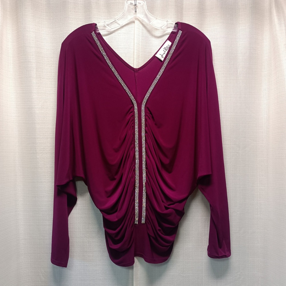 Joseph Ribkoff Magenta Rhinestone Draped Ruched V-Neck Blouse Top Womens 12